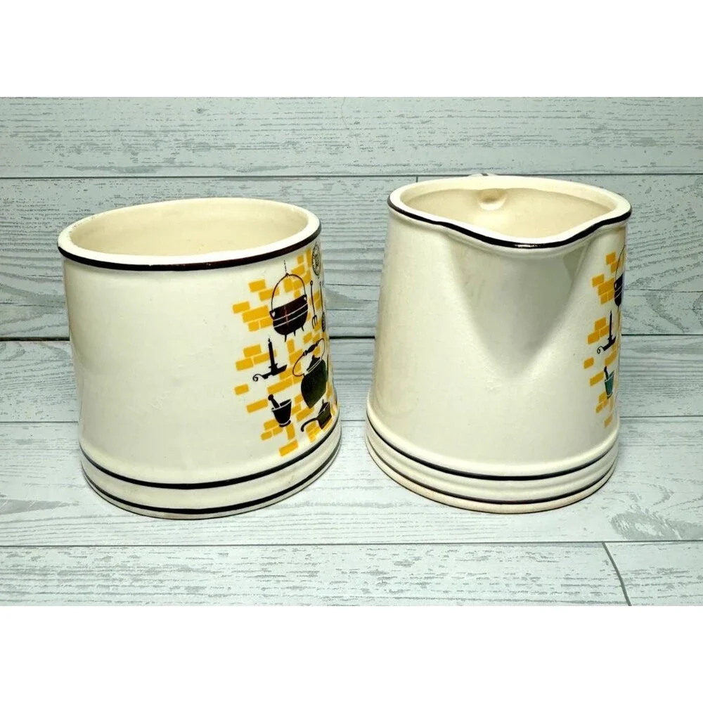 Vintage Yellow Brick and Brown Cast Iron Ceramic Cream and Sugar Set
